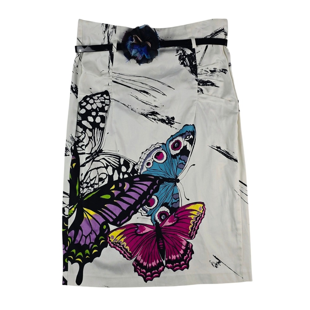 Bisou Bisou Michele Bohbot Butterfly Pencil Skirt Womens 12 White Belted Graphic